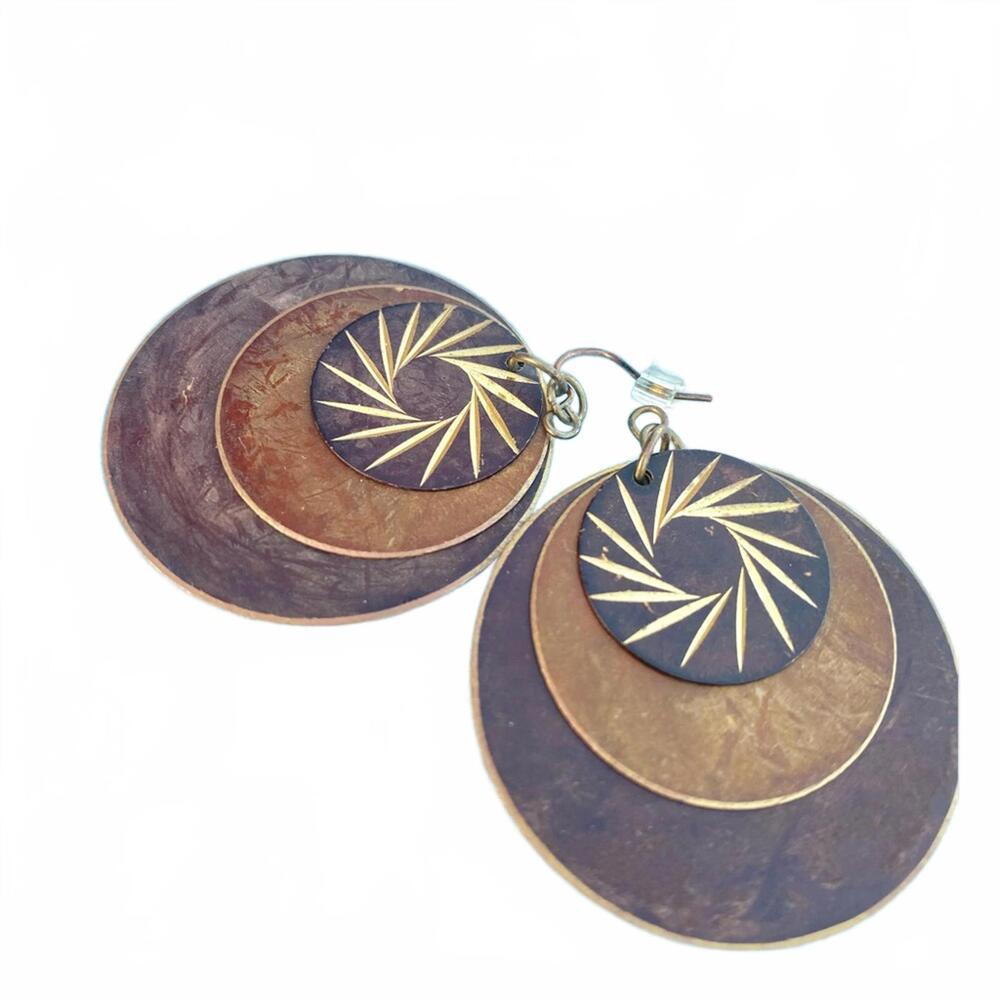 đŤSOLD OUTđŤVintage Layered Copper Brass Circle Dangle Etched Earrings - Picture 3 of 6